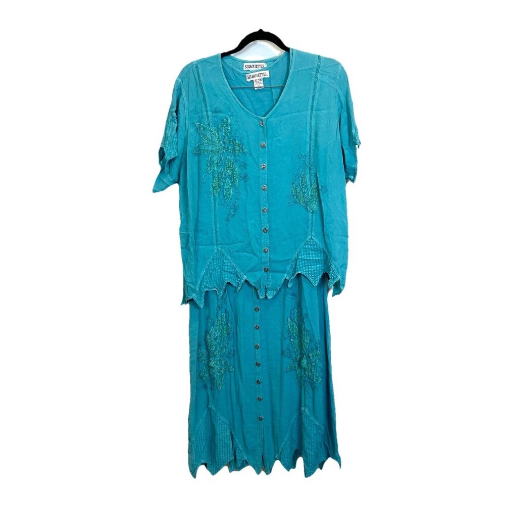 VTG Boho Silhouettes 20 Maxi Dress & Blouse 2 Piece Set‎ Teal Blue Embroidered
